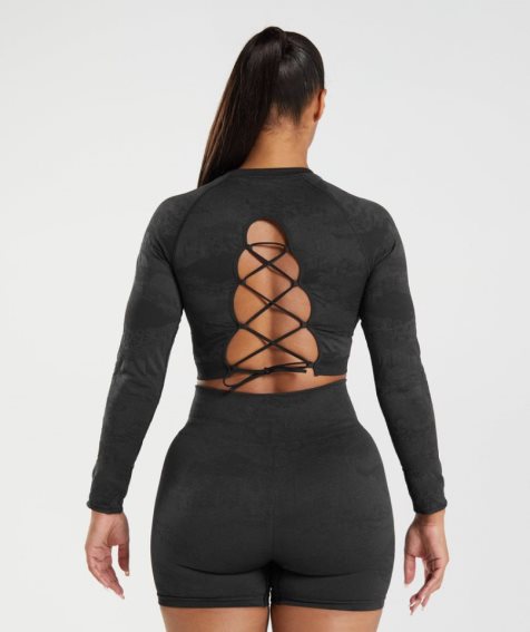 Women's Gymshark Adapt Camo Seamless Lace Up Back Top T-Shirts Black | NZ 3AYDFK